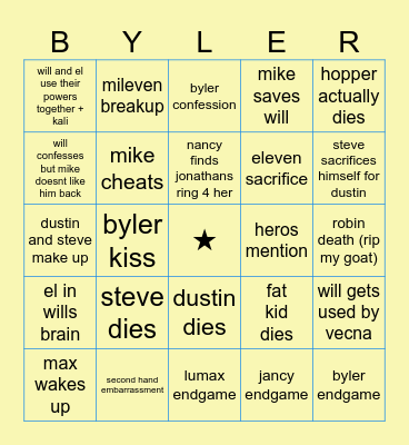 stranger things bingo Card