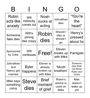 Stranger Things Bingo Card