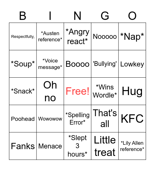 Serena Bingo Card