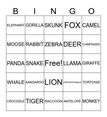 ANIMALS Bingo Card