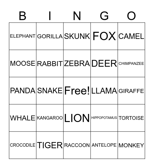 ANIMALS Bingo Card