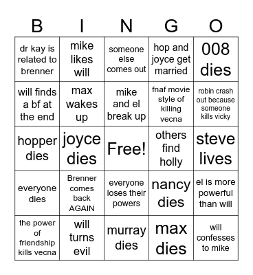 Stranger things bingo Card