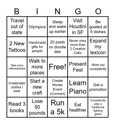 New Years Resolution Bingo Card