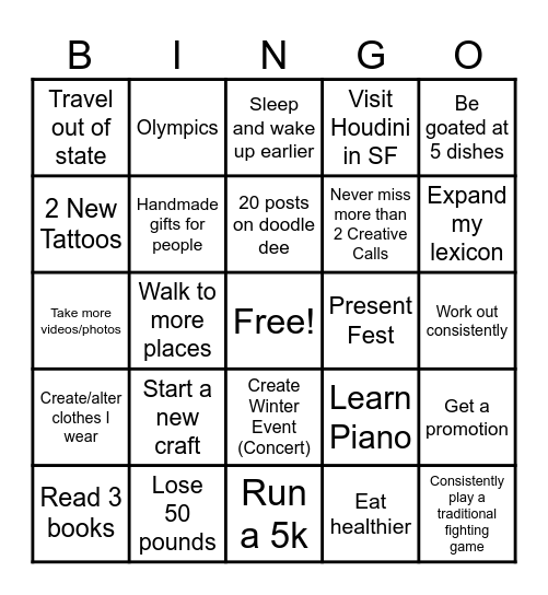 New Years Resolution Bingo Card