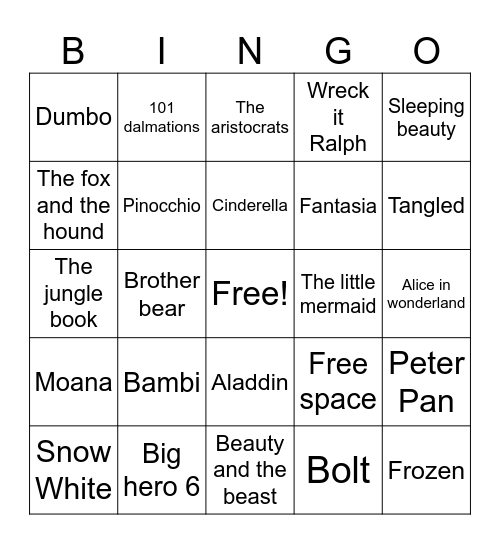 Disney Movies Bingo Card