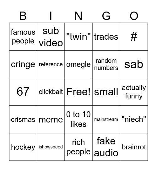 yt shorts bingo Card