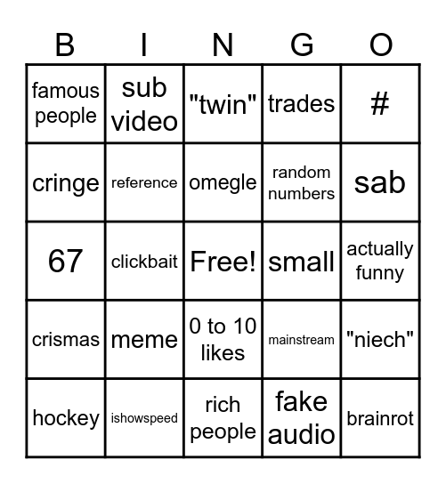 yt shorts bingo Card