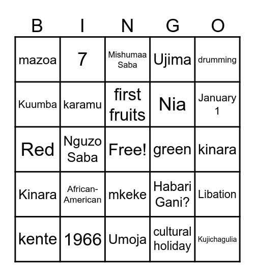 KWANZAA BINGO Card