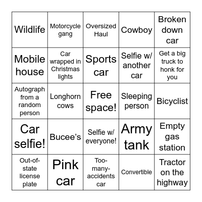 Road Trip Bingo Card