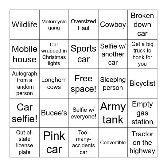 Road Trip Bingo Card