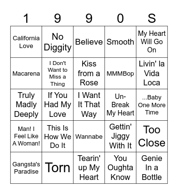 1990s Songs Vol. 2 Bingo Card