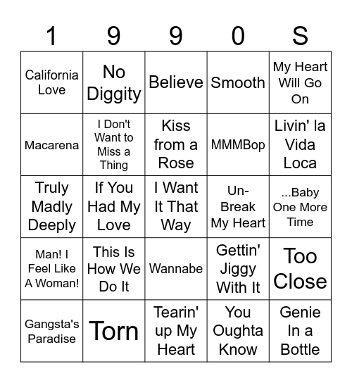 1990s Songs Vol. 2 Bingo Card