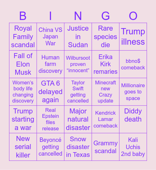 Prediction 2026 Bingo Card