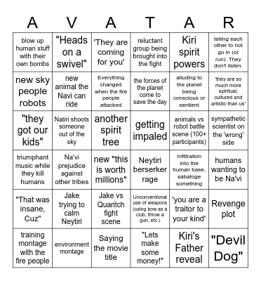 Avatar Way of Fire Bingo Card