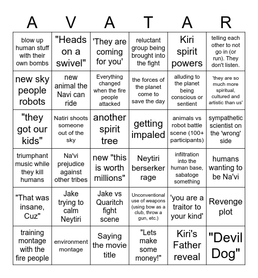 Avatar Way of Fire Bingo Card
