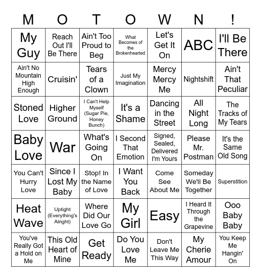 Motown Songs Bingo Card