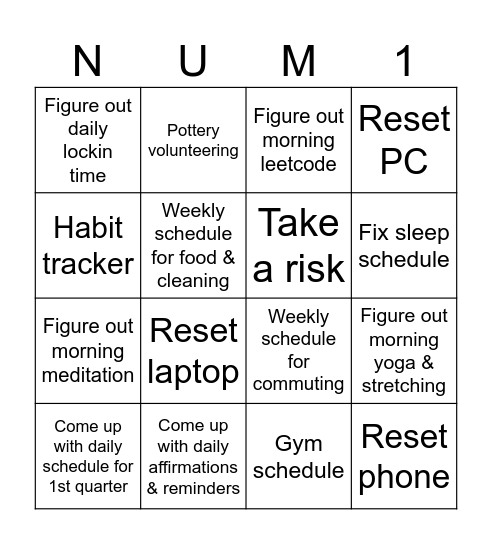 First Week of Jan ToDo List Bingo Card