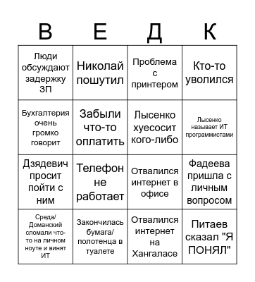 ВЕДК Бинго Bingo Card