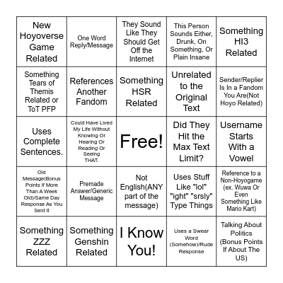 BottleMi Replies/Messages Bingo Card