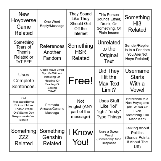 BottleMi Replies/Messages Bingo Card