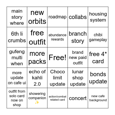 5.0 livestream Bingo Card
