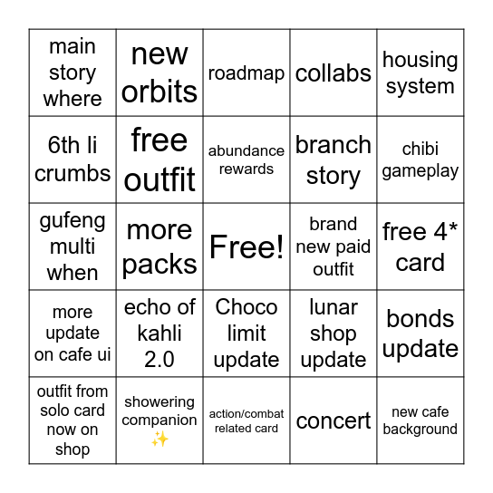 5.0 livestream Bingo Card