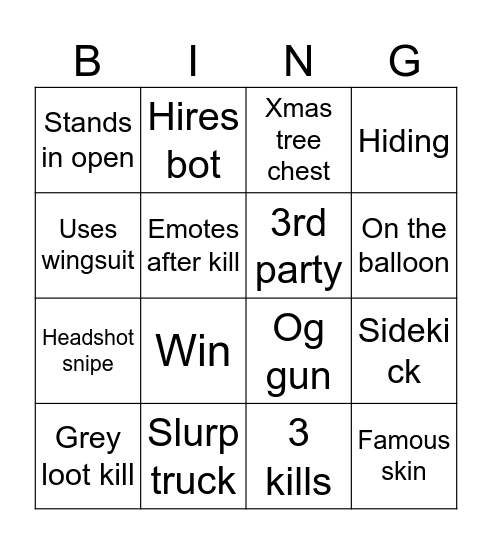 Fortnite Bingo Card