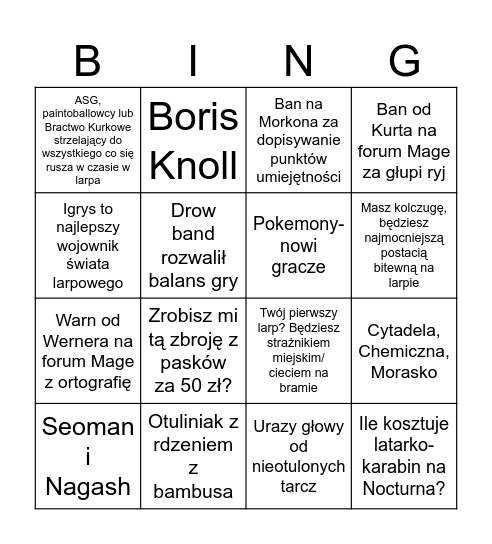 Bingo dla larpowych dinozaurów Bingo Card