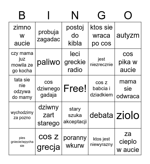 wyjazd z rodzicami bingo Card