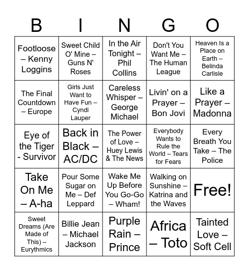 80's Hits Bingo Card