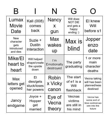 Stranger Things Bingo Card