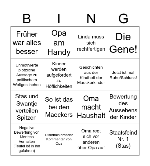 Bullshit Family Bingo Card