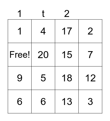 NUMBERS Bingo Card