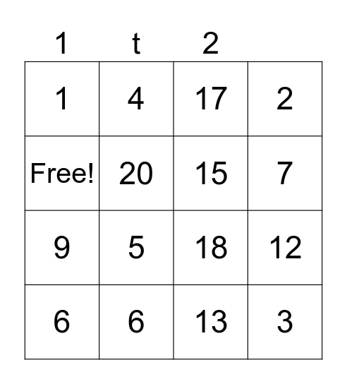 NUMBERS Bingo Card