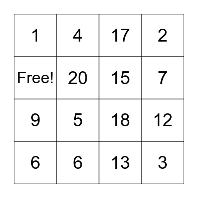 NUMBERS Bingo Card