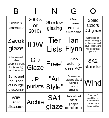 Sonic the Hedgejerk Bingo Card