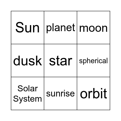Space vocabulary BINGO Card