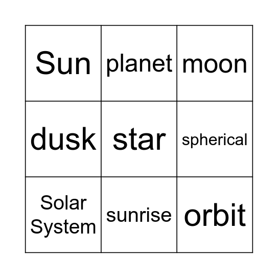 Space vocabulary BINGO Card
