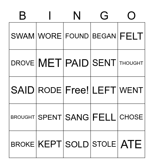 IRREGULAR VERBS BINGO! Bingo Card