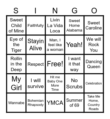 ibex SINGO - Songs EVERYONE Knows Bingo Card