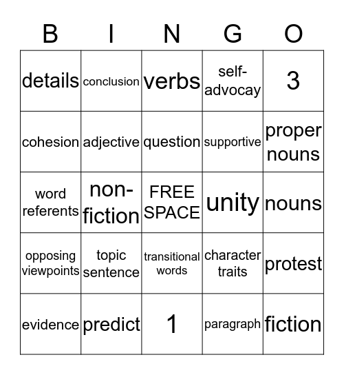 A5 Vocabulary Bingo Card