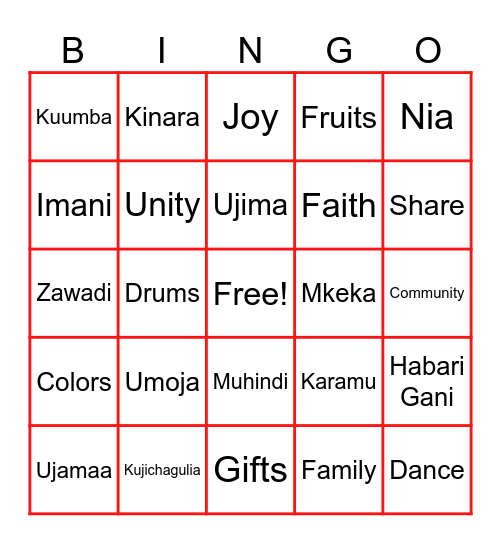Kwanzaa Bingo Card