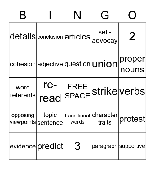 A5 Vocabulary Bingo Card