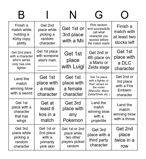 Smash Bros Bingo Card