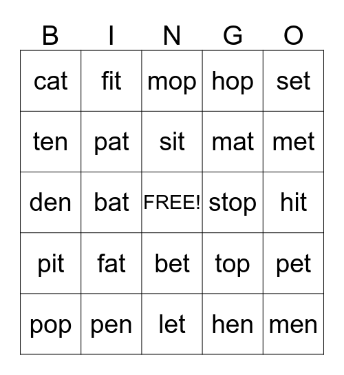 Word Family Bingo Card
