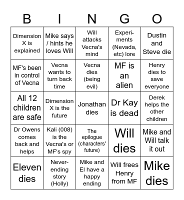 Stranger Things Rightside Up Bingo Card
