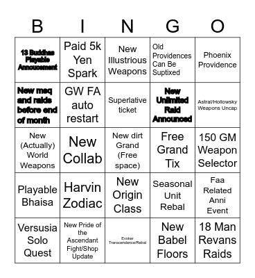 GBF FES Stream Bingo Card