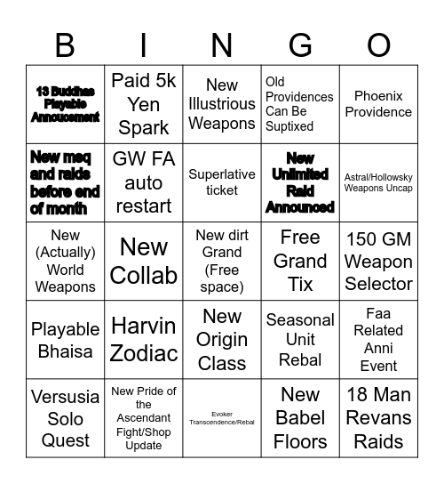 GBF FES Stream Bingo Card