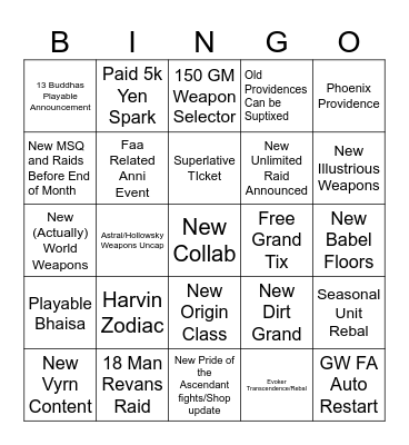 GBF FES Stream Bingo Card
