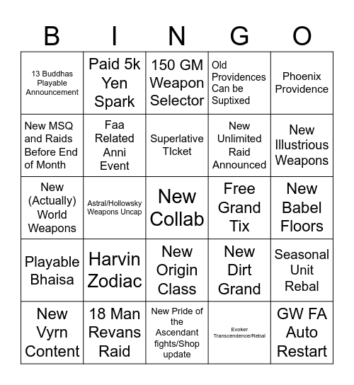 GBF FES Stream Bingo Card